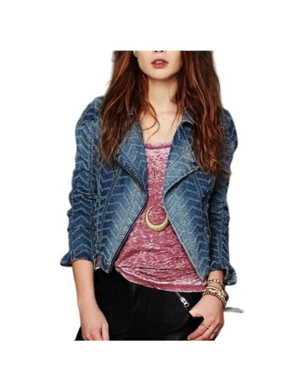 Free People Punched Denim Moto Jacket Herringbone Distressed Blue Jean Women 0